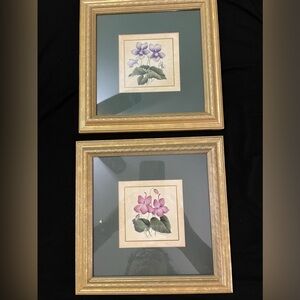 Gold framed pansie prints. 8 x 8